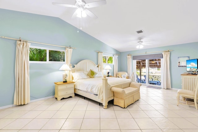 tiled bedroom featuring vaulted ceiling, access to exterior, and ceiling fan