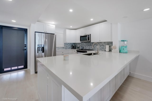 kitchen with sink, stainless steel appliances, tasteful backsplash, white cabinets, and kitchen peninsula