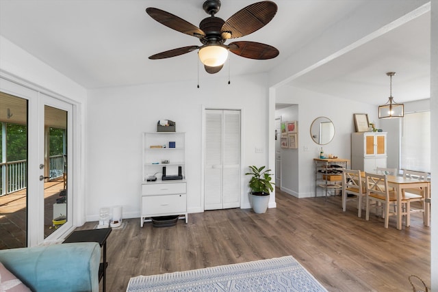 living room with french doors, ceiling fan, lofted ceiling, and hardwood / wood-style floors