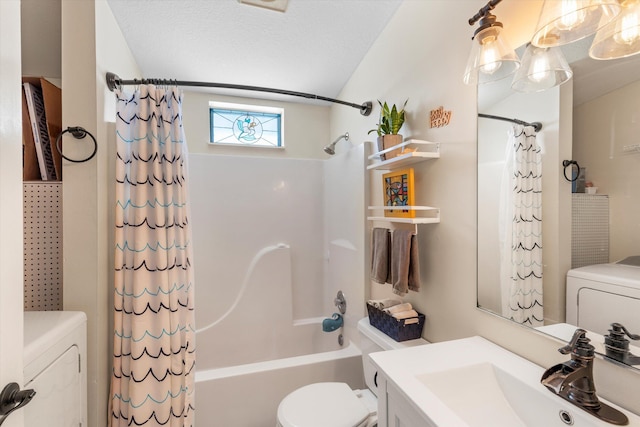 full bathroom with washer / clothes dryer, toilet, a textured ceiling, and shower / bath combo with shower curtain