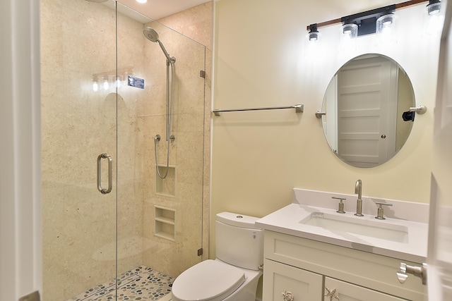 bathroom featuring vanity, a stall shower, and toilet