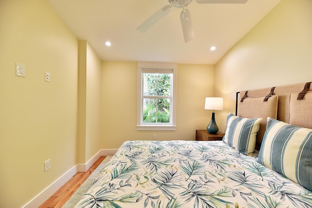 bedroom featuring recessed lighting, baseboards, a ceiling fan, and light wood finished floors