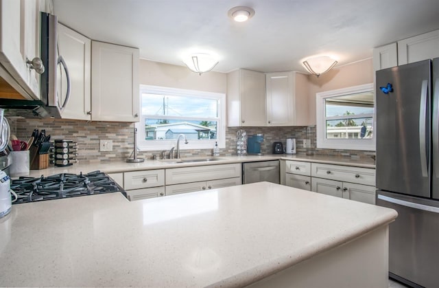 kitchen with stainless steel appliances, a healthy amount of sunlight, sink, and white cabinets