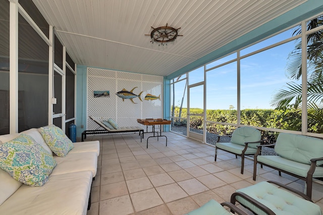 sunroom with wood ceiling