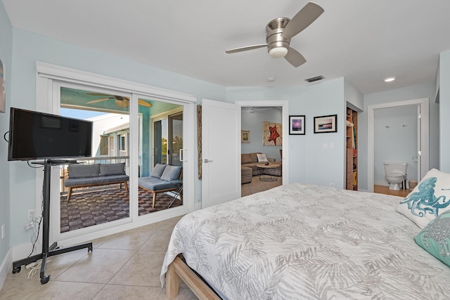 bedroom with access to exterior, ceiling fan, and light tile patterned flooring