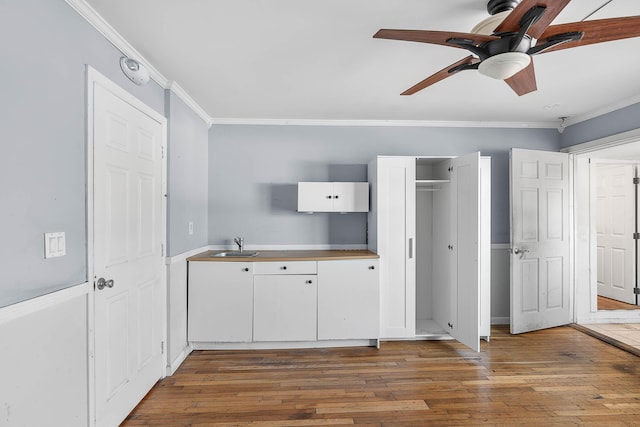 kitchen featuring hardwood / wood-style floors, a ceiling fan, a sink, ornamental molding, and white cabinetry