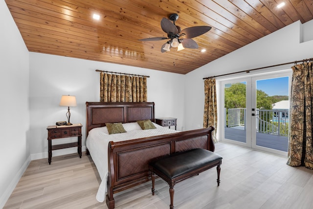 bedroom with lofted ceiling, wood ceiling, access to outside, french doors, and light wood-type flooring