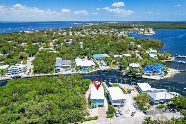 drone / aerial view featuring a water view