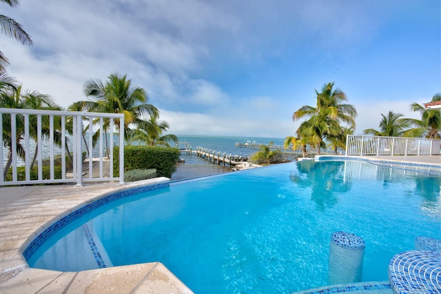 view of pool with a water view