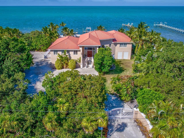 aerial view featuring a water view