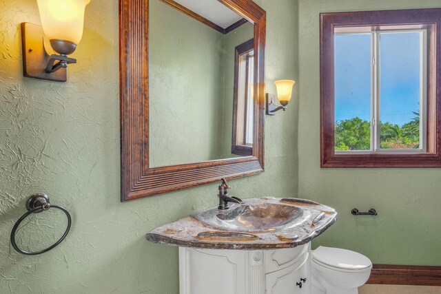 bathroom featuring ornamental molding, vanity, and toilet