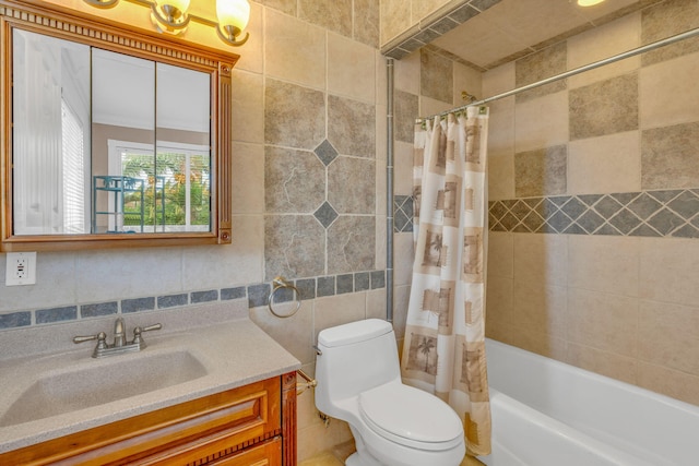 full bathroom featuring tile walls, backsplash, vanity, toilet, and shower / bath combo with shower curtain