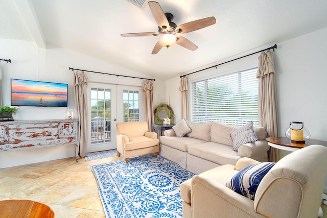 22988 Port Royal Ln, Cudjoe, FL 33042 - living room with vaulted ceiling, a ceiling fan, and french doors