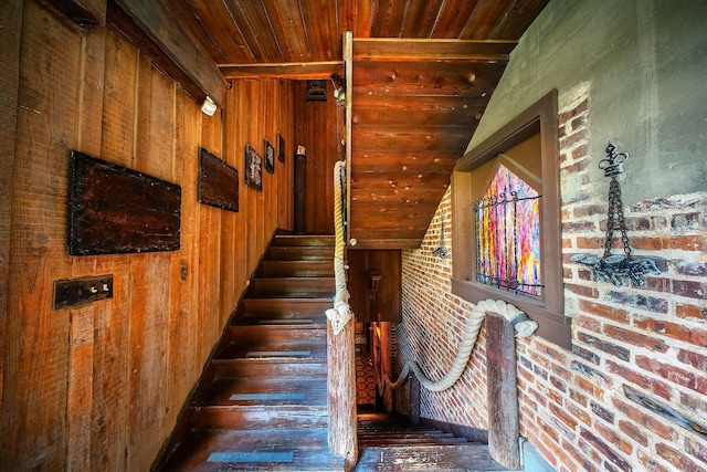 stairs with wood-type flooring, wooden ceiling, brick wall, and wood walls