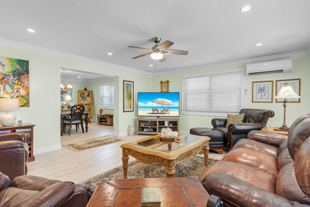 285 Blackbeard Rd, Little Torch, FL 33042 - living room with crown molding, ceiling fan with notable chandelier, light hardwood / wood-style flooring, and an AC wall unit
