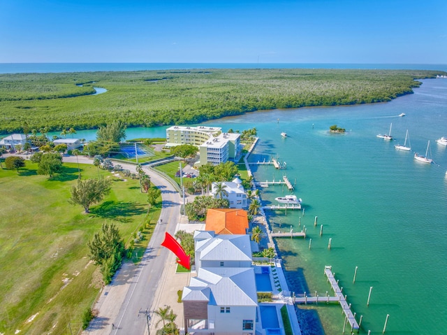 aerial view featuring a water view