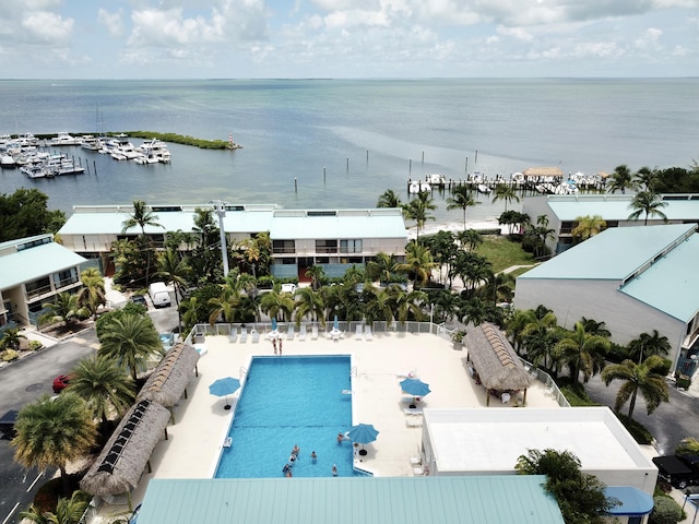 bird's eye view with a water view