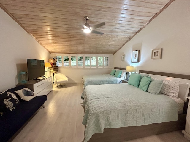 bedroom with lofted ceiling, light hardwood / wood-style flooring, ornamental molding, and wooden ceiling