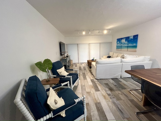 living room with hardwood / wood-style floors and track lighting