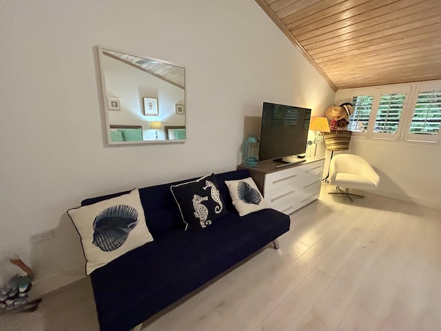 bedroom with light hardwood / wood-style flooring, wood ceiling, vaulted ceiling, and crown molding