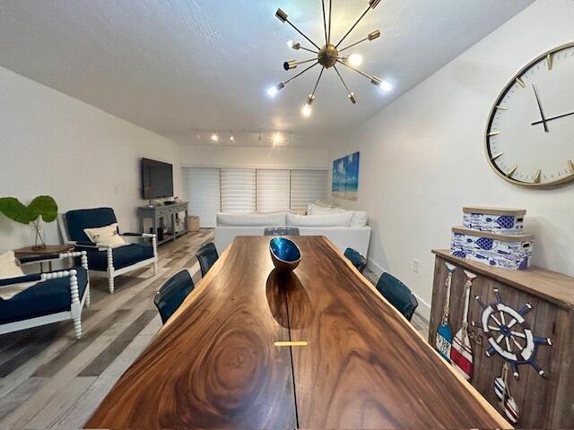 dining room with track lighting, a chandelier, and hardwood / wood-style floors