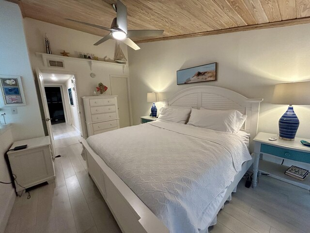 bedroom with ceiling fan, lofted ceiling, wood ceiling, and light hardwood / wood-style flooring