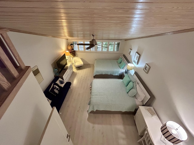 unfurnished bedroom featuring crown molding, hardwood / wood-style floors, and wooden ceiling