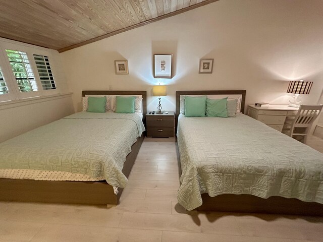 bedroom with crown molding, lofted ceiling, and wooden ceiling