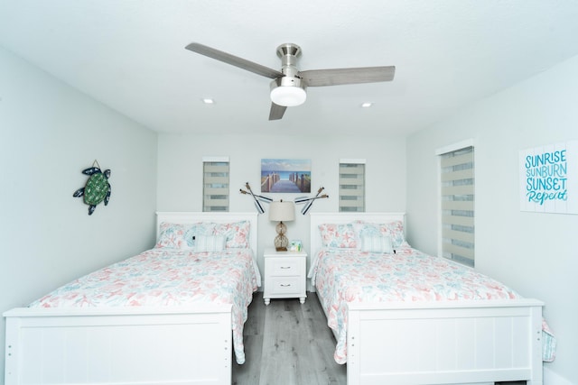 25 N Blackwater Ln, Key Largo, FL 33037 - bedroom featuring wood finished floors, ceiling fan, and recessed lighting