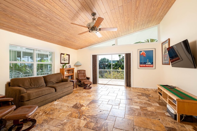 living room with lofted ceiling, wood ceiling, and ceiling fan