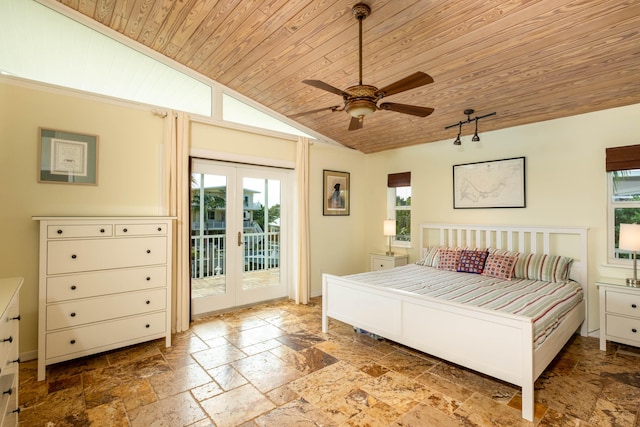 bedroom with french doors, vaulted ceiling, wooden ceiling, ceiling fan, and access to exterior