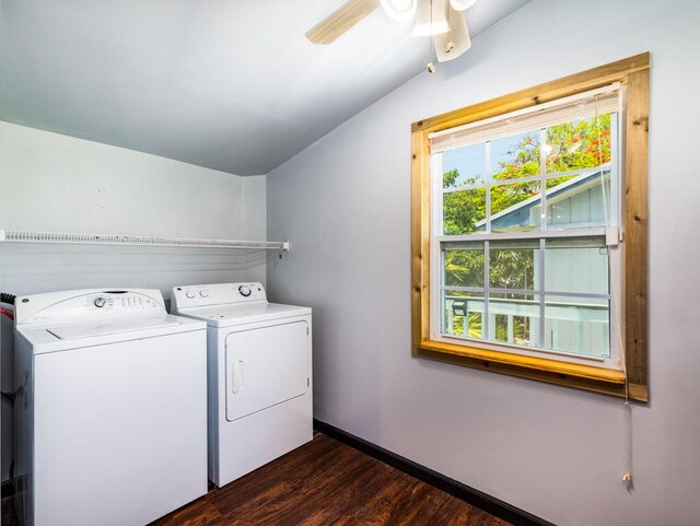 washroom with ceiling fan, dark hardwood / wood-style floors, and separate washer and dryer