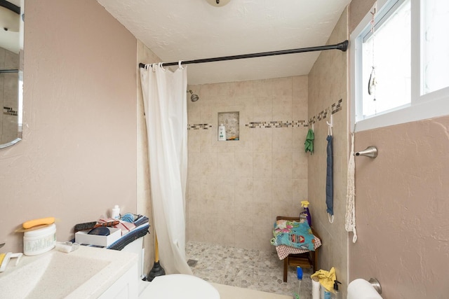 bathroom featuring vanity, toilet, and curtained shower