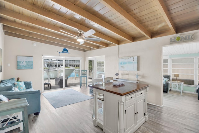 kitchen with wooden ceiling, beamed ceiling, ceiling fan, light hardwood / wood-style floors, and white cabinets