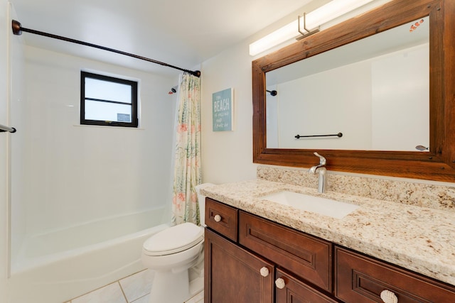 full bathroom with vanity, tile patterned flooring, shower / bath combo, and toilet