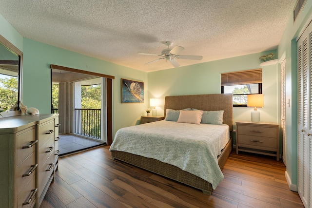 bedroom featuring dark hardwood / wood-style flooring, access to exterior, and multiple windows