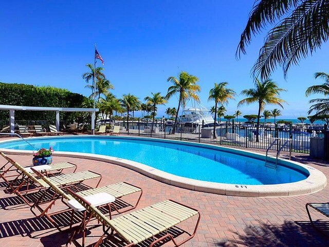 view of swimming pool with a water view