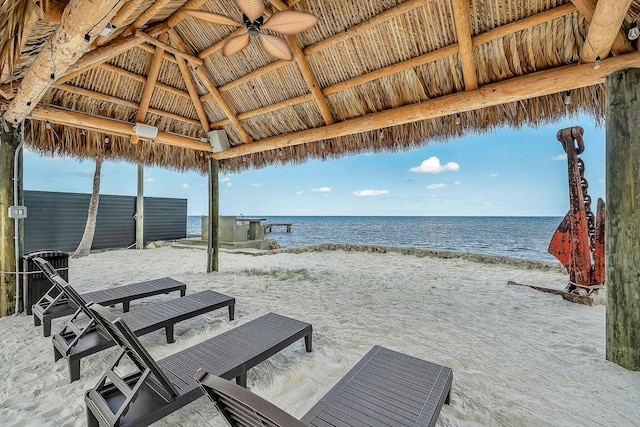16 Seaside Ave, Key Largo, FL 33037 - view of patio with view of water and beach, ceiling fan, and a gazebo