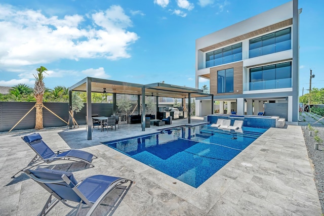 16 Seaside Ave, Key Largo, FL 33037 - swimming pool featuring a patio, a jacuzzi, outdoor dining area, and an outdoor living space