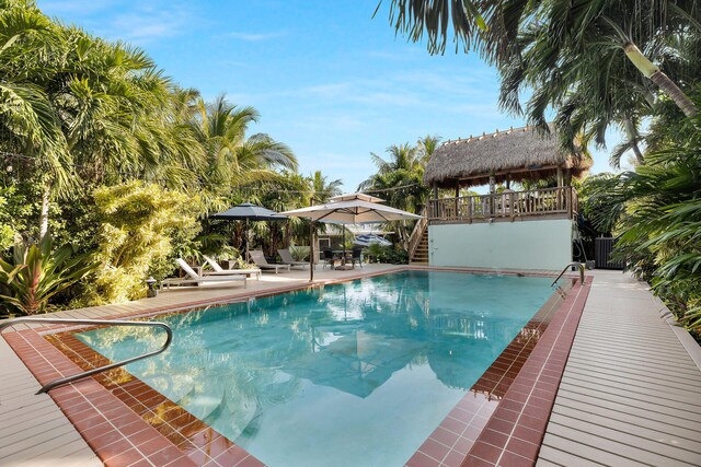 view of swimming pool featuring a gazebo