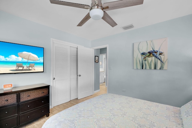 bedroom featuring ceiling fan, light wood-type flooring, and a closet