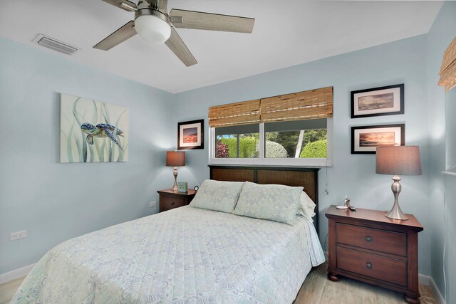 bedroom featuring ceiling fan and light wood-type flooring