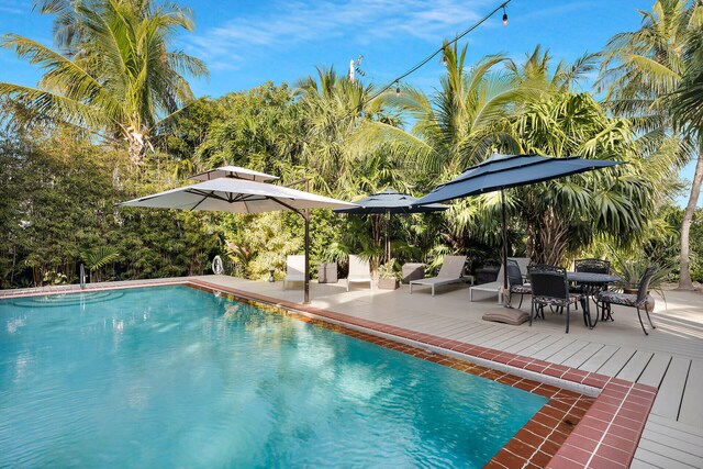 view of swimming pool featuring a deck