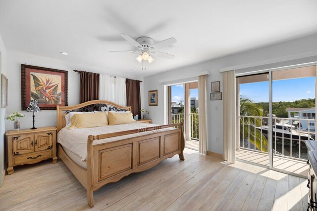 bedroom with multiple windows, access to outside, light hardwood / wood-style floors, and ceiling fan