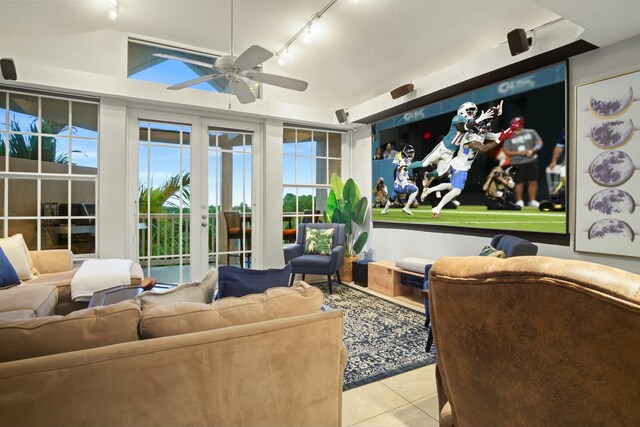 28 Seaside S Ct, Key West, FL 33040 - home theater featuring light tile patterned floors, track lighting, and ceiling fan