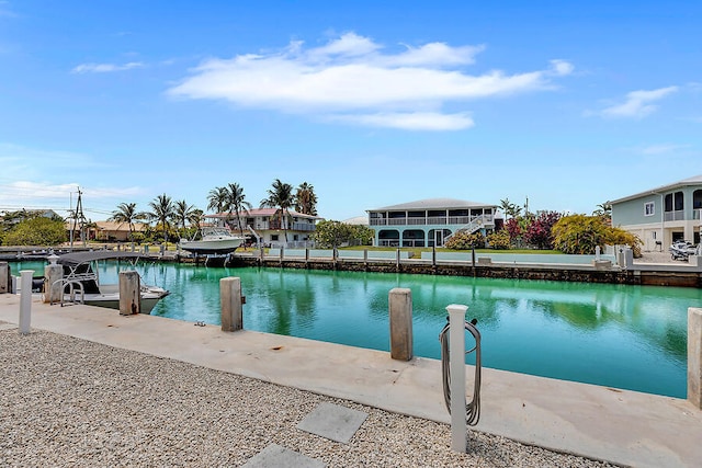 view of swimming pool with a water view and a boat dock