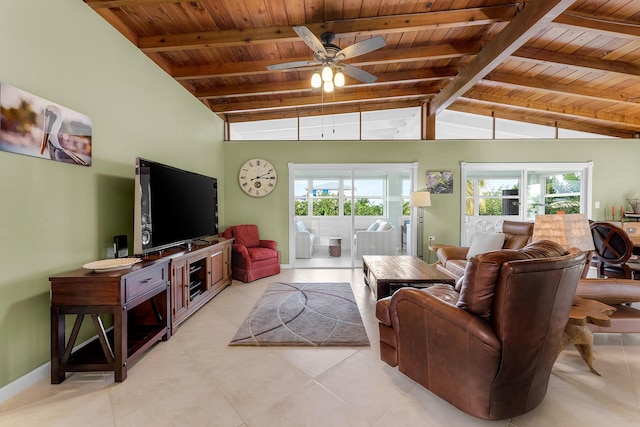 living room featuring vaulted ceiling with beams, wooden ceiling, and ceiling fan