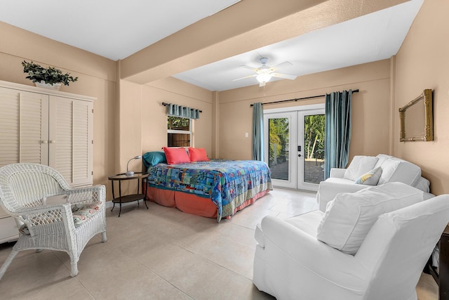 bedroom with light tile patterned floors, access to exterior, ceiling fan, and french doors