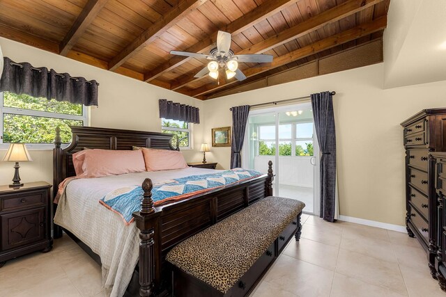 bedroom featuring ceiling fan, vaulted ceiling with beams, light tile patterned floors, and wood ceiling