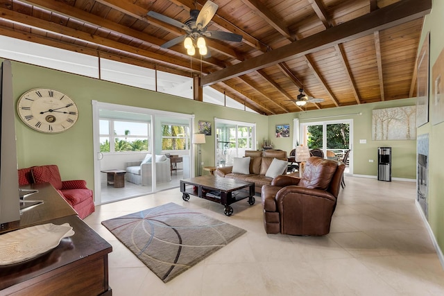 living room featuring ceiling fan, light tile patterned floors, lofted ceiling with beams, and wooden ceiling